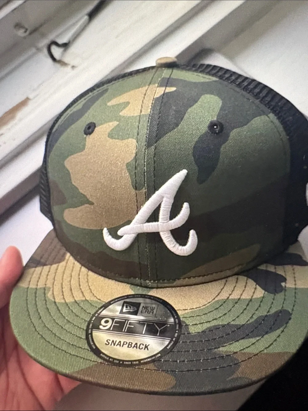 New Era Camo Kids Snapback Hat with White 'A' Logo